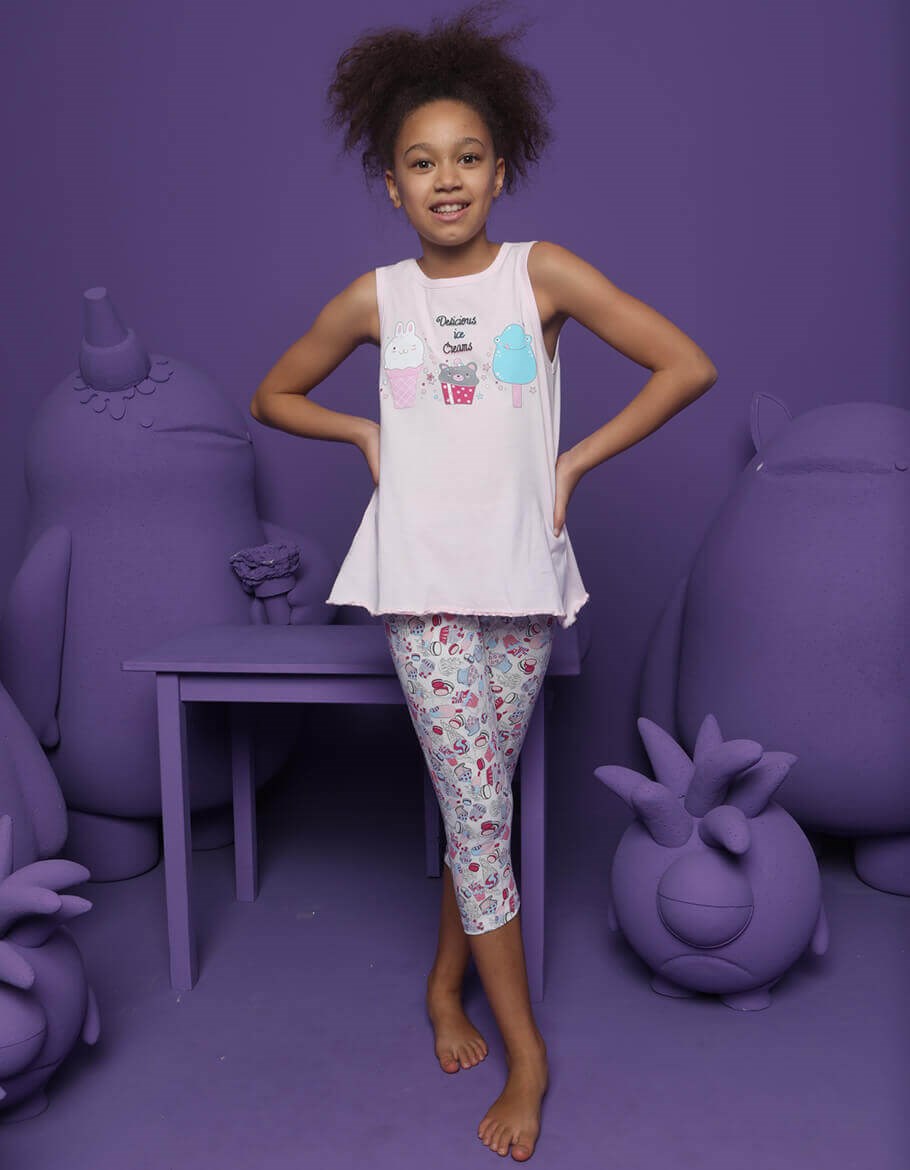 Girl's Ice Cream Print Capri Pajama Set