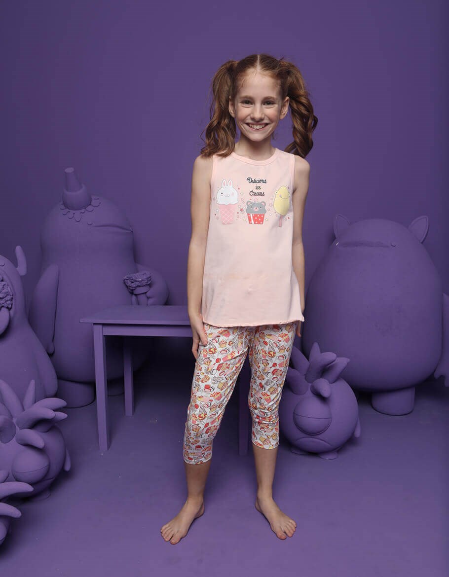 Girl's Ice Cream Print Capri Pajama Set