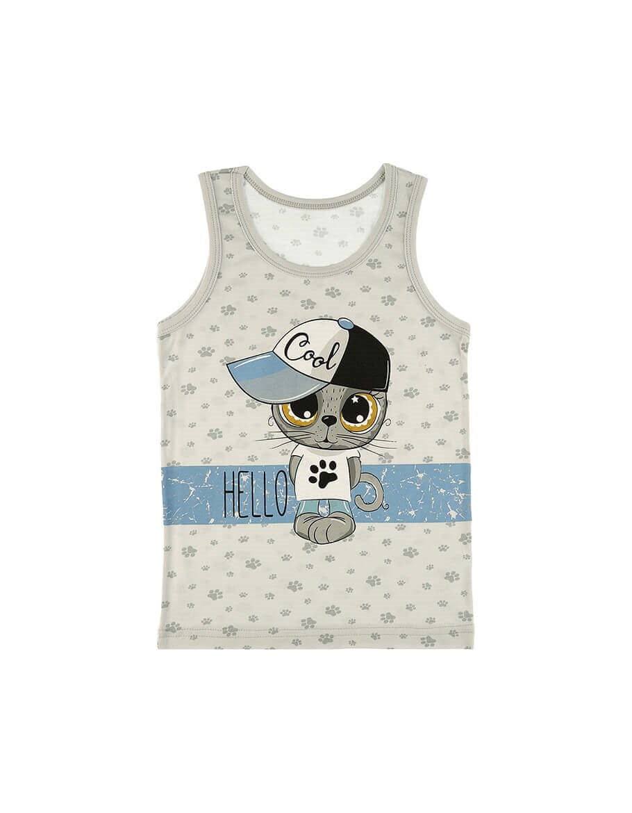 Boy's Cat Print Sleeveless Undershirt- 2 Pieces