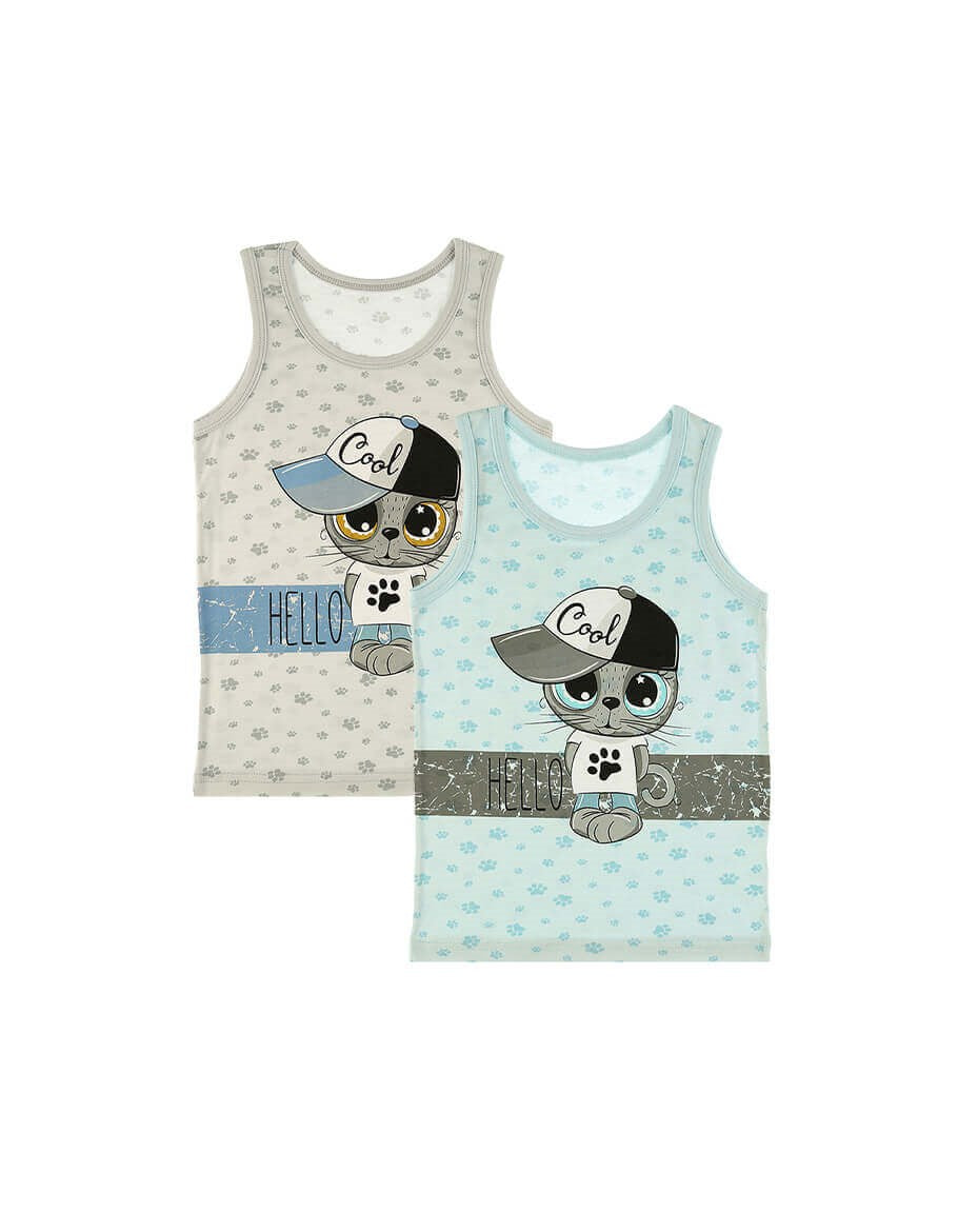 Boy's Cat Print Sleeveless Undershirt- 2 Pieces