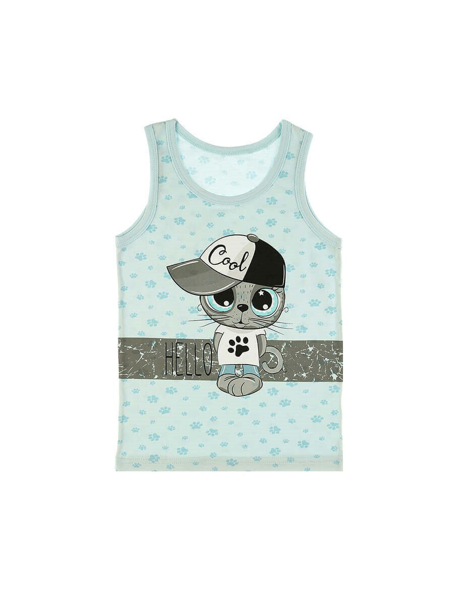 Boy's Cat Print Sleeveless Undershirt- 2 Pieces