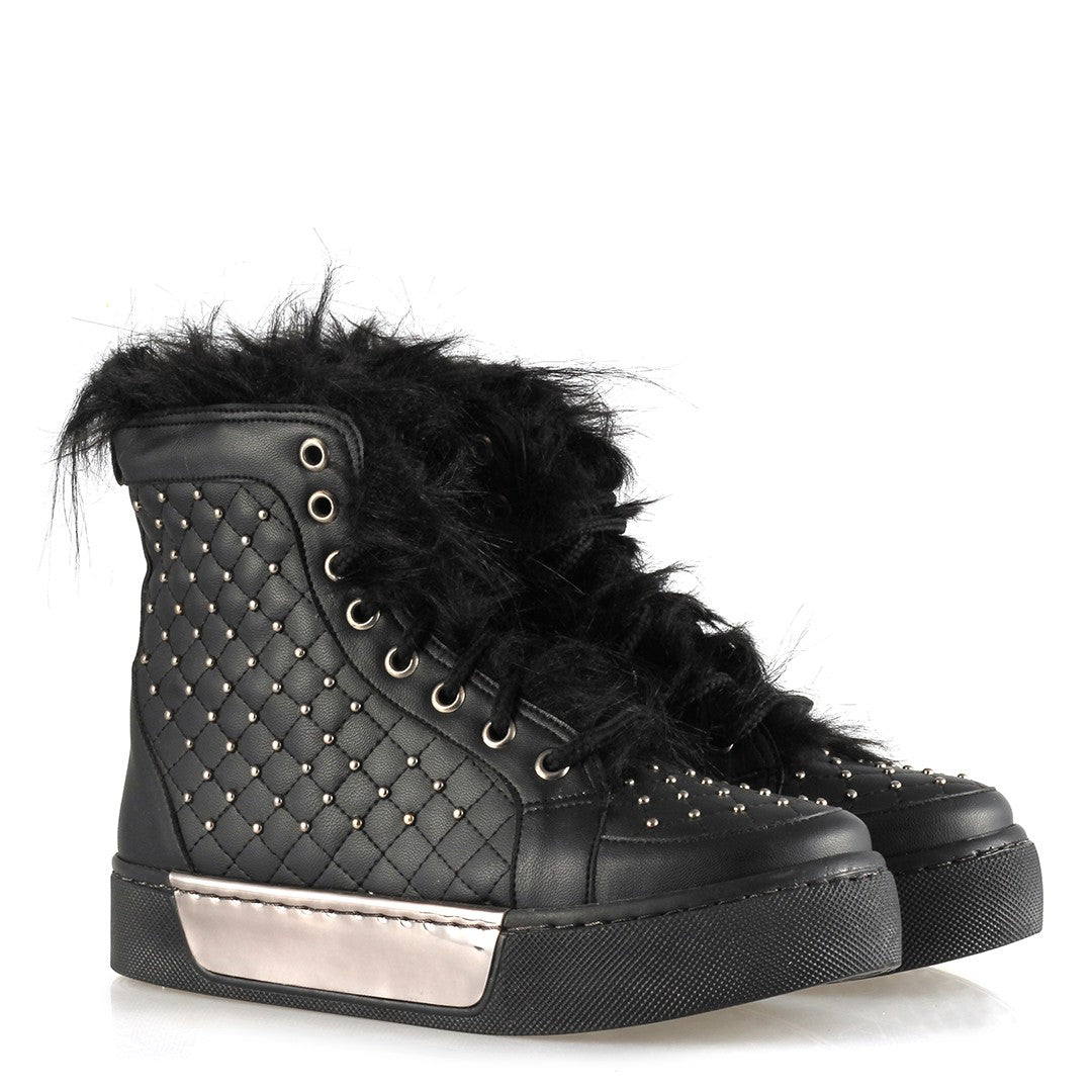 Women's Studded Furry Black Boots