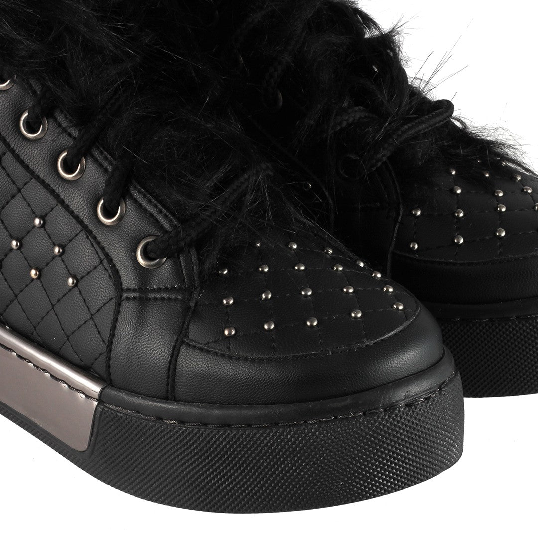 Women's Studded Furry Black Boots