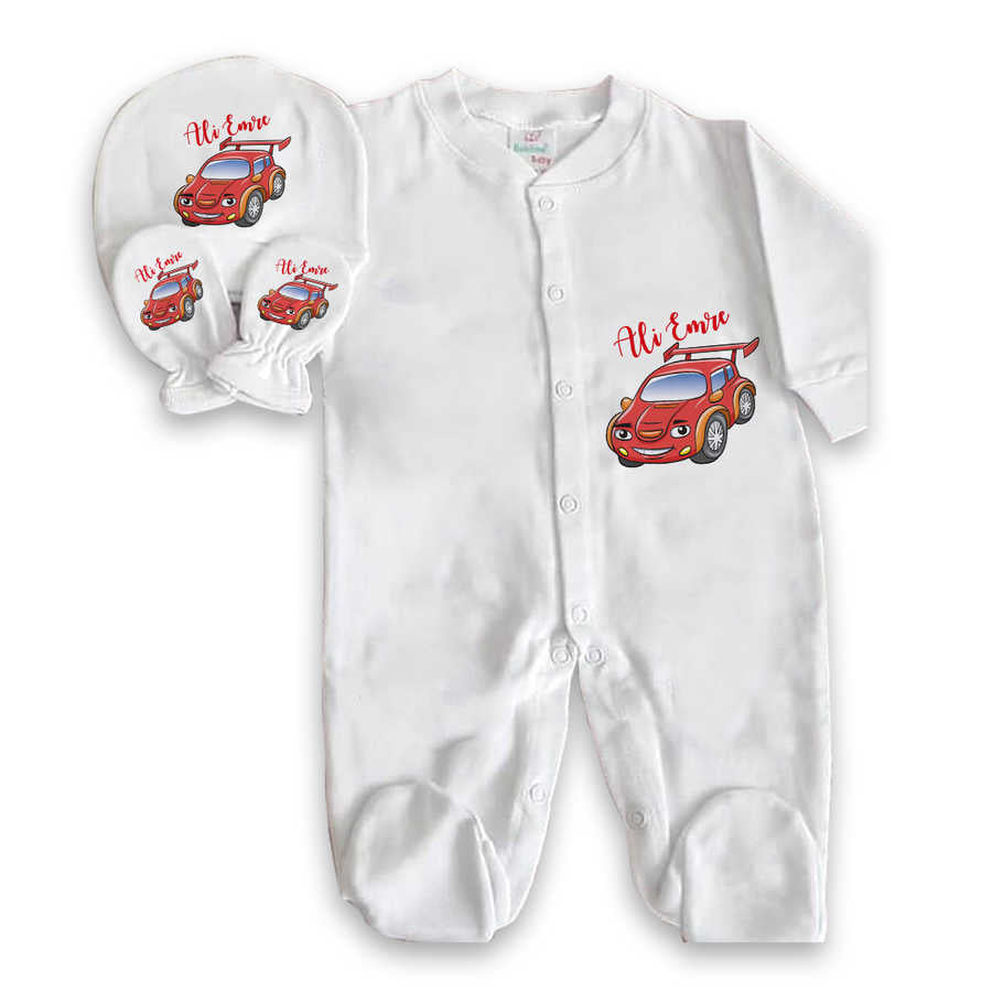 Baby Boy's Car Print White Romper Set