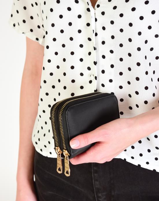 Women's Double Zipper Black Wallet