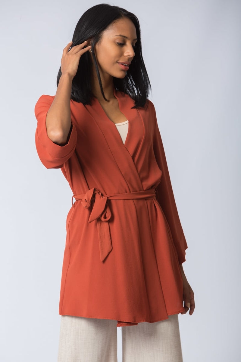 Women's Belted Tile Red Kimono Jacket