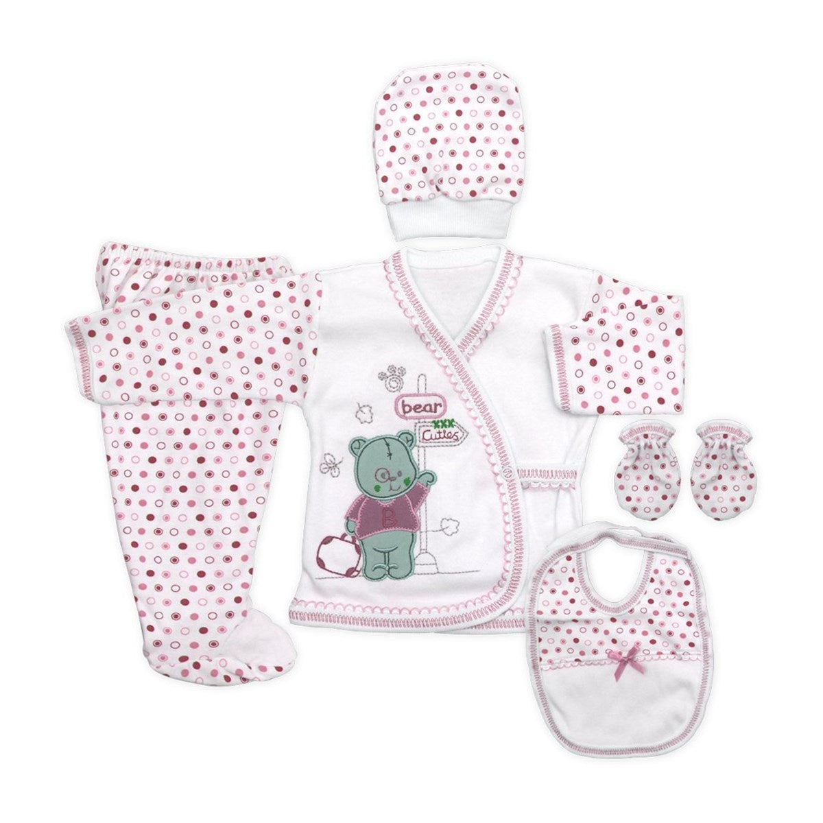New Born Baby's Polka-Dot Printed 5 Pieces Outfit Set
