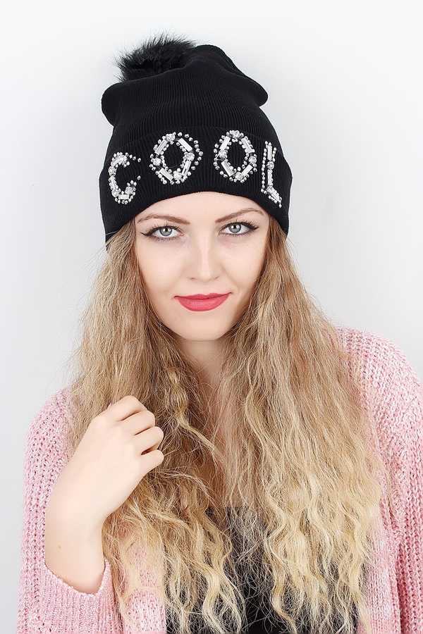 Women's Shiny Accessory Bobble Black Beanie