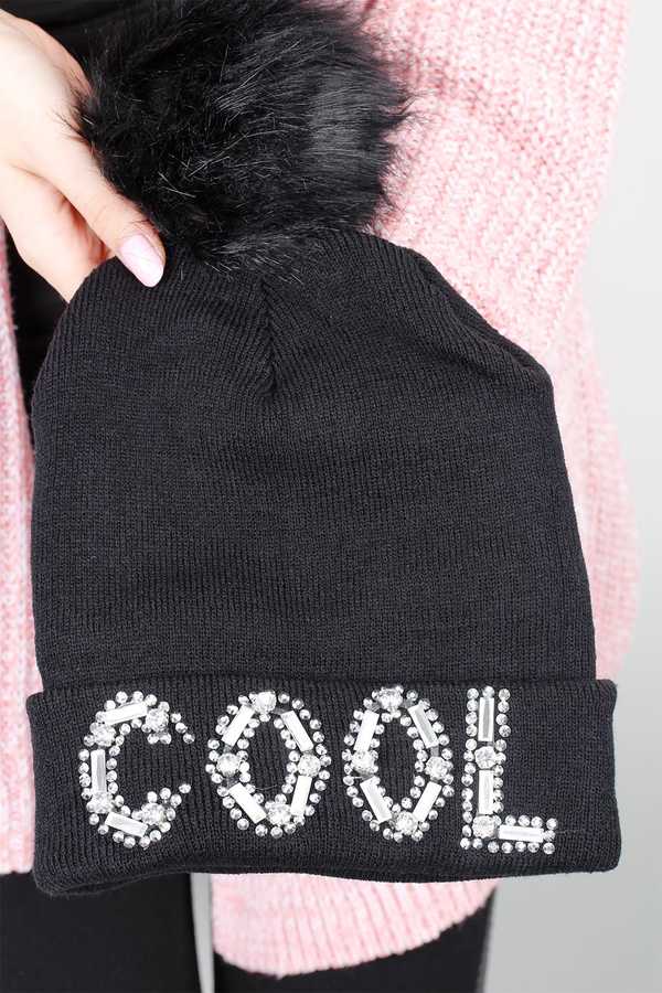 Women's Shiny Accessory Bobble Black Beanie