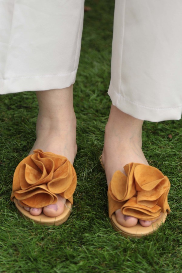 Women's Floral Detail Mustard Slippers