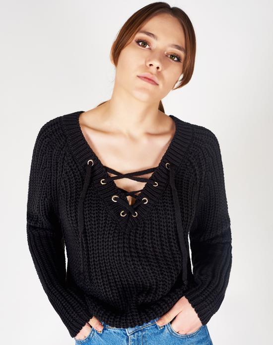 Women's Lace-up V Neck Sweater
