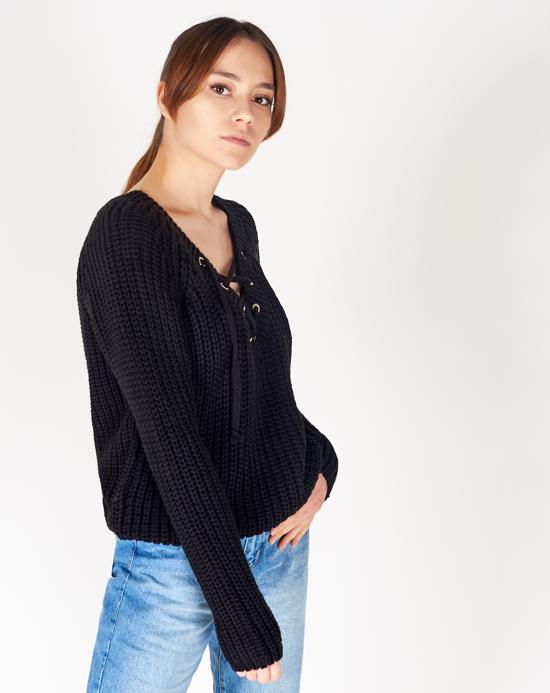 Women's Lace-up V Neck Sweater