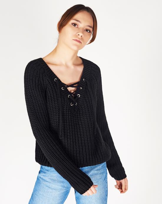 Women's Lace-up V Neck Sweater