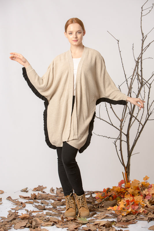 Women's Batwing Sleeves Beige Tricot Cardigan