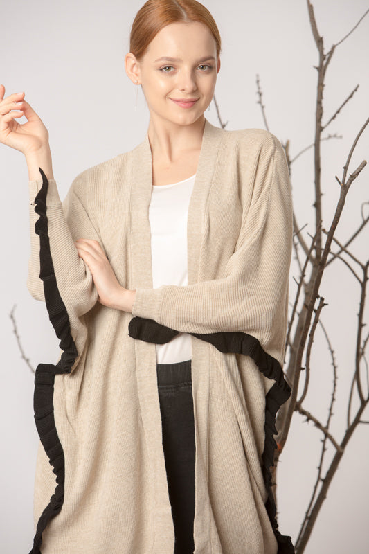 Women's Batwing Sleeves Beige Tricot Cardigan