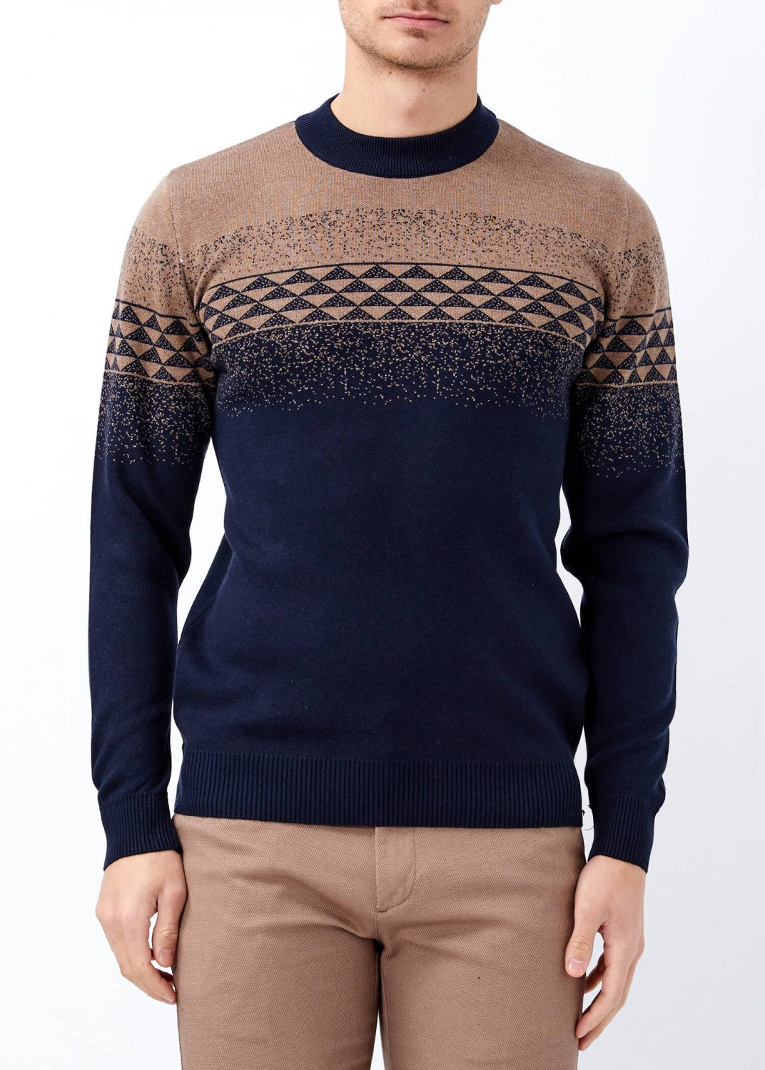 Men's Mock-Turtleneck Geometric Pattern Navy Blue- Mink Sweater