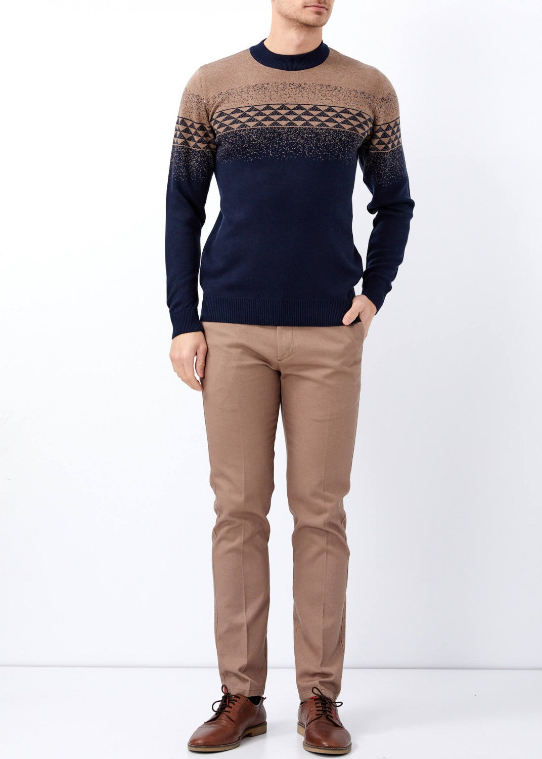 Men's Mock-Turtleneck Geometric Pattern Navy Blue- Mink Sweater