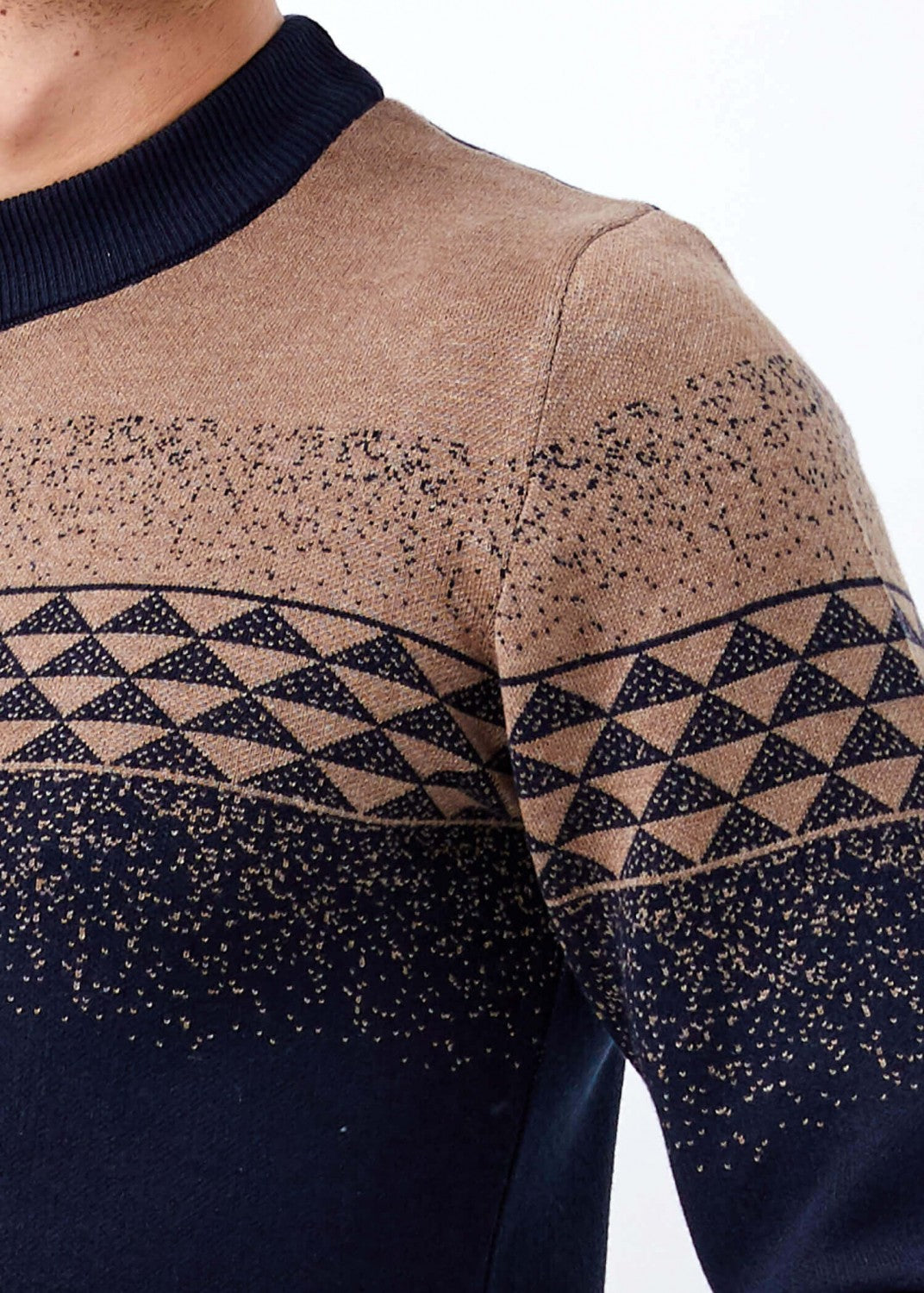 Men's Mock-Turtleneck Geometric Pattern Navy Blue- Mink Sweater