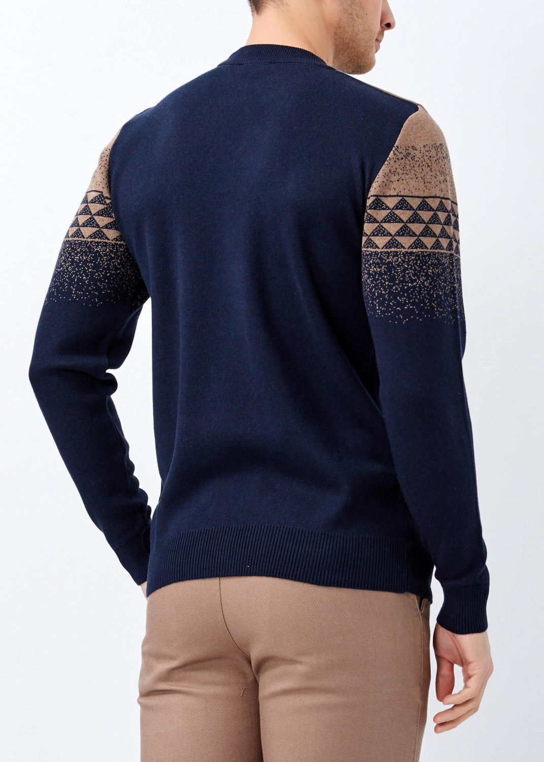 Men's Mock-Turtleneck Geometric Pattern Navy Blue- Mink Sweater