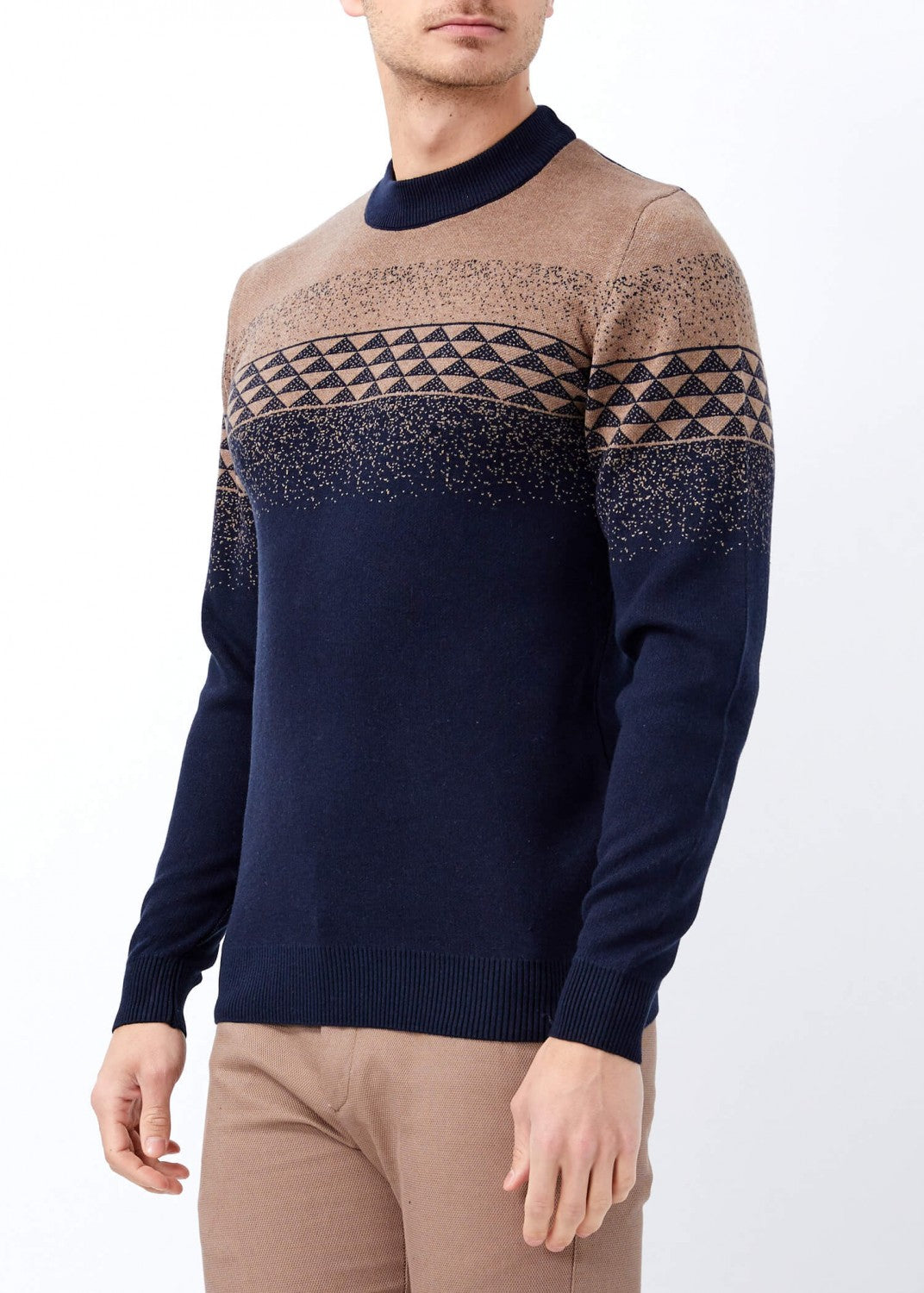 Men's Mock-Turtleneck Geometric Pattern Navy Blue- Mink Sweater