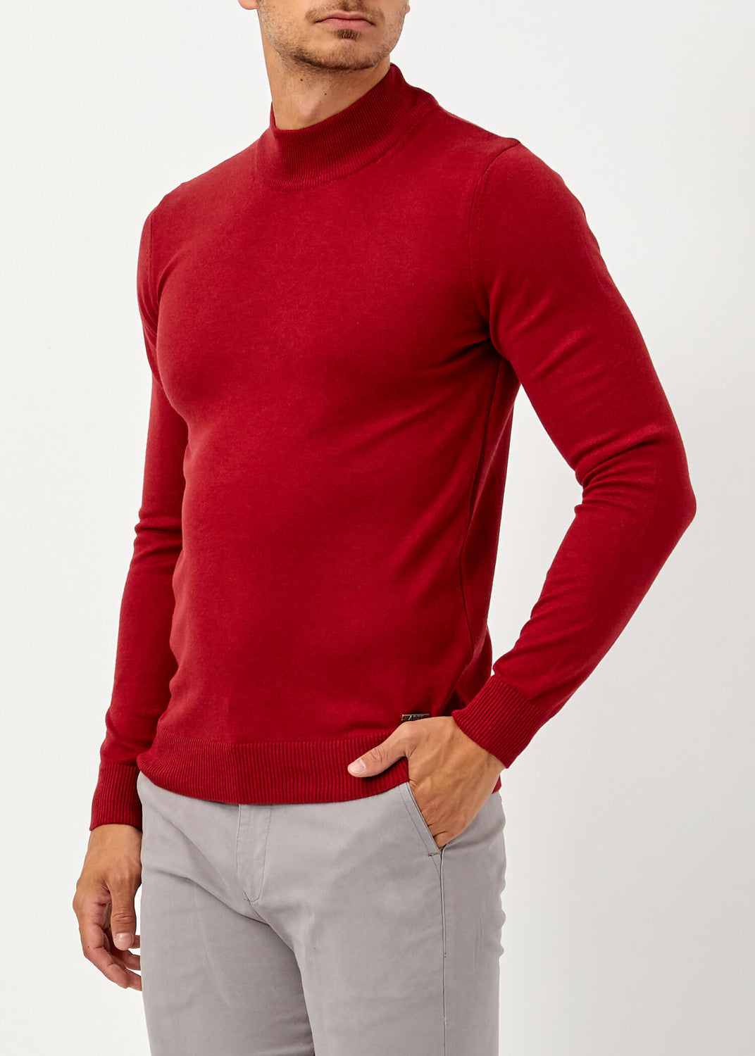 Men's Claret Red Mock-turtleneck Pullover